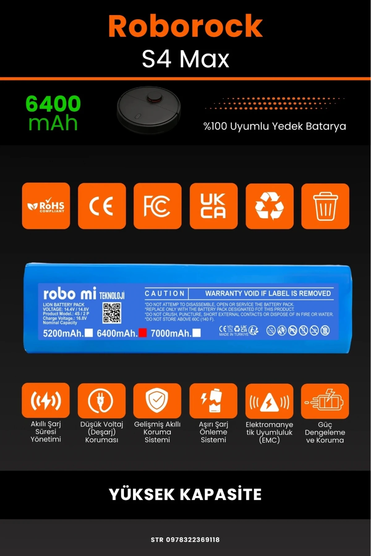 Roborock S4 Max Uyumlu 6400mAh Robot Süpürge Bataryası - Kutusuz Model - Yüksek Kapasite