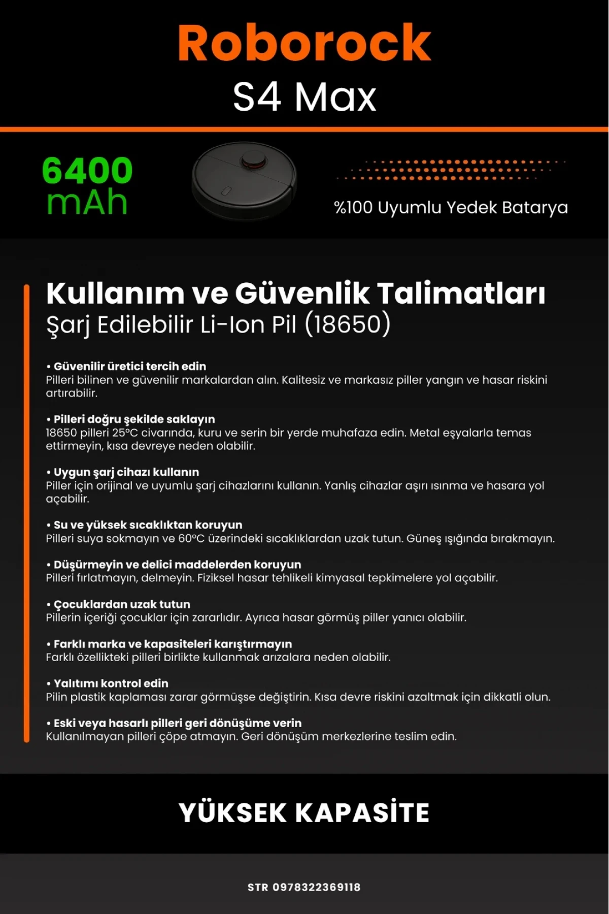 Roborock S4 Max Uyumlu 6400mAh Robot Süpürge Bataryası - Kutusuz Model - Yüksek Kapasite
