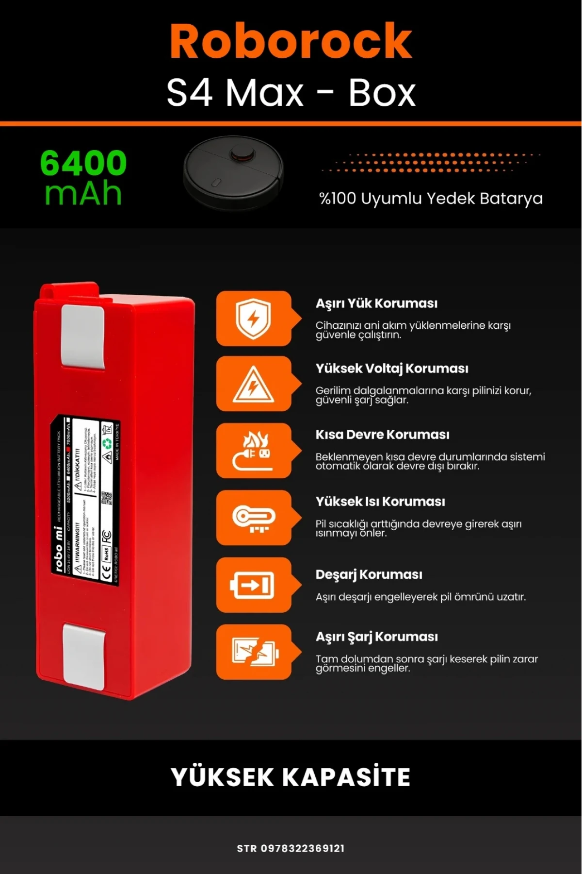 Roborock S4 Max Uyumlu 6400mAh Robot Süpürge Bataryası - Orijinal Box - Yüksek Kapasite