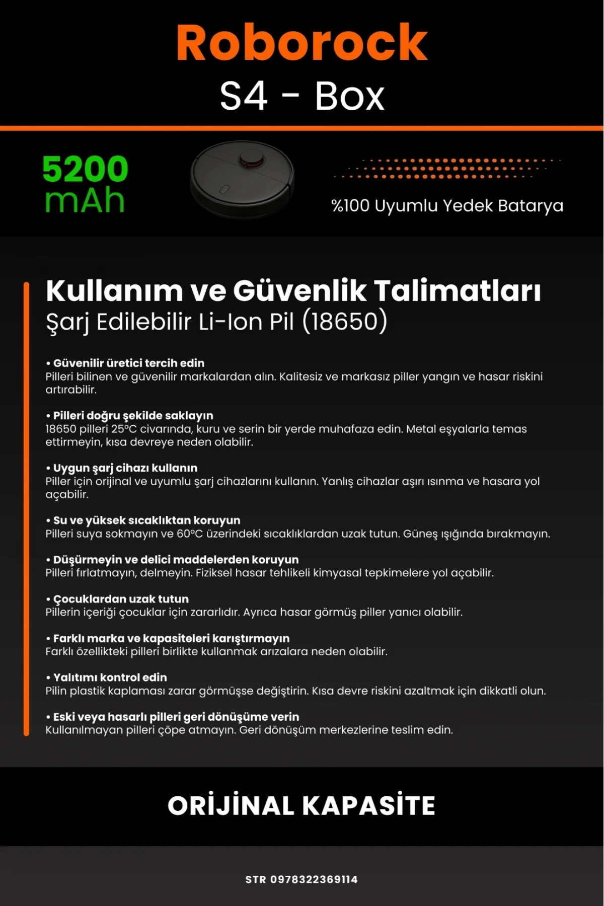 Roborock S4 Uyumlu 5200mAh Robot Süpürge Bataryası - Orijinal Box - Orijinal Kapasite