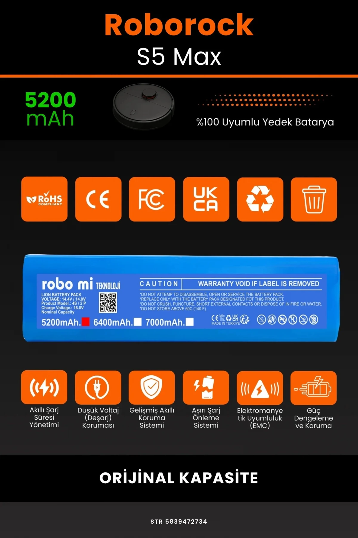 Roborock S5 Max 5200mAh Robot Süpürge Bataryası - Gerçek Kapasite, Maksimum Güvenlik