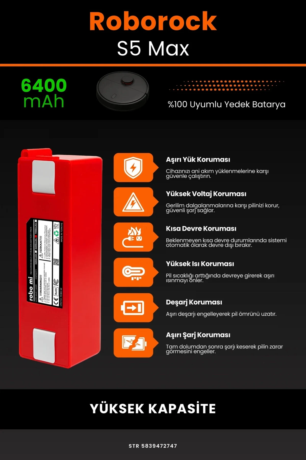 Roborock S5 Max 6400mAh Robot Süpürge Bataryası - Gerçek Kapasite, Maksimum Güvenlik