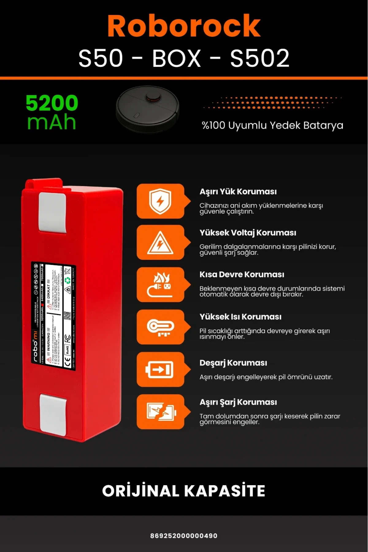 Roborock S50 - S502 Uyumlu Box Model 5200mAh Robot Süpürge Bataryası - Orijinal Kapasite