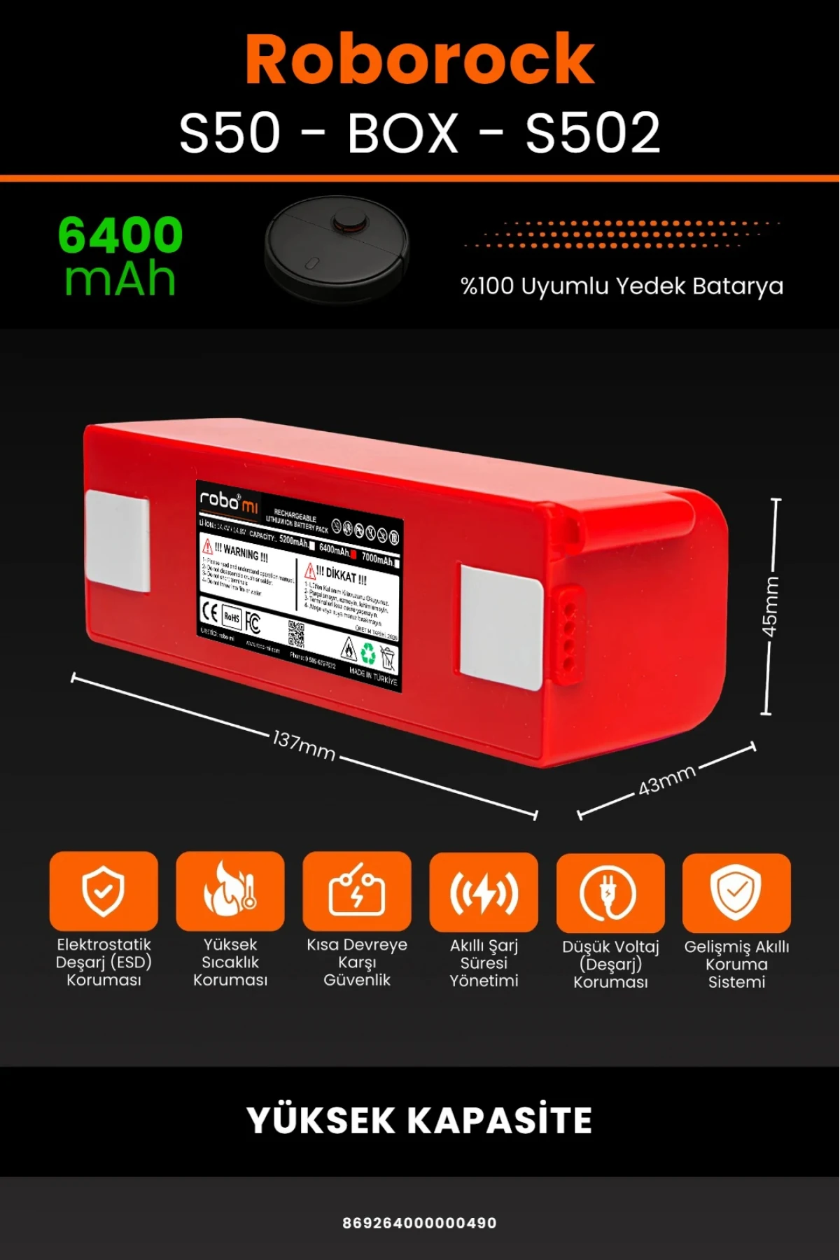 Roborock S50 - S502 Uyumlu Box Model 6400mAh Robot Süpürge Bataryası - Yüksek Kapasite