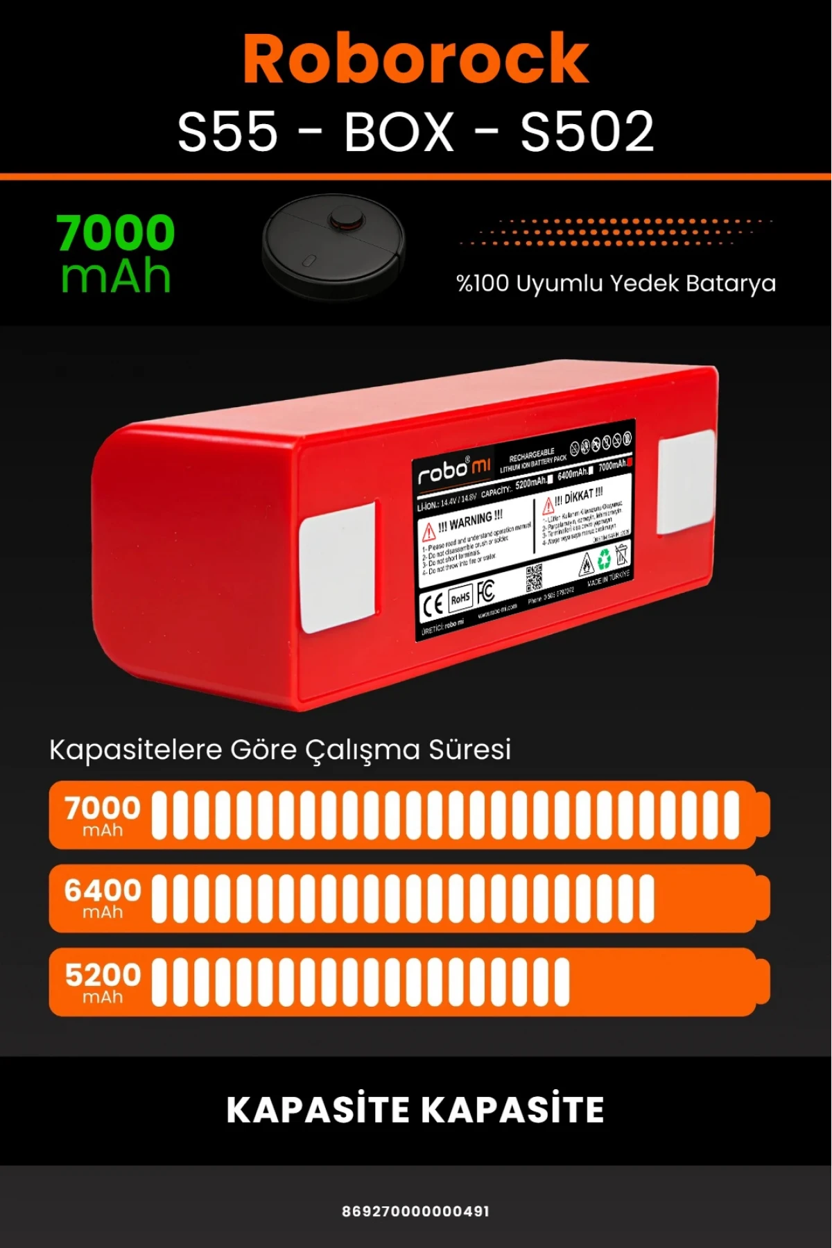 Roborock S50 - S502 Uyumlu Box Model 7000mAh Robot Süpürge Bataryası - Maksimum Kapasite