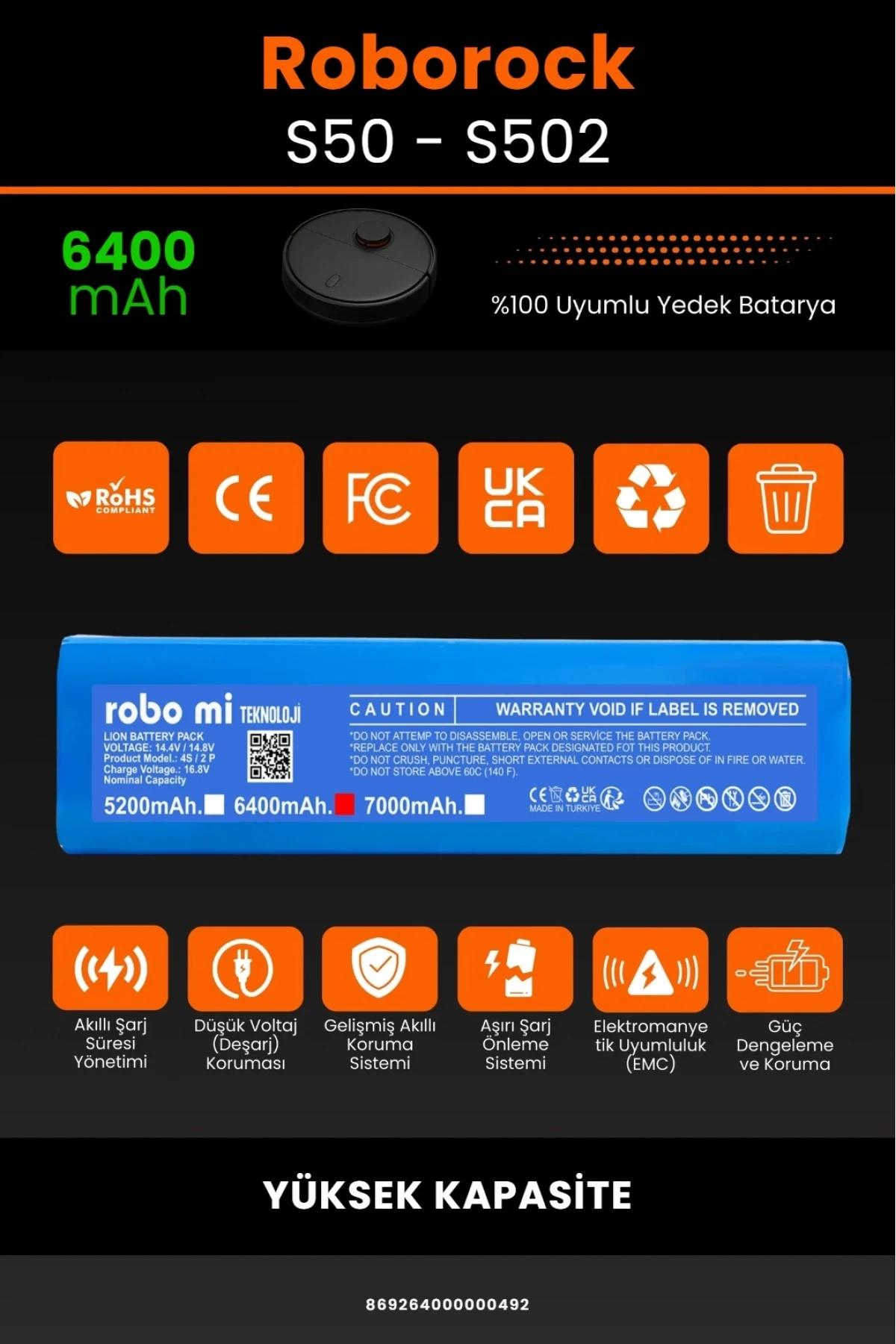 Roborock S50 - S502 Uyumlu Kutusuz Model 6400mAh Robot Süpürge Bataryası - Yüksek Kapasite