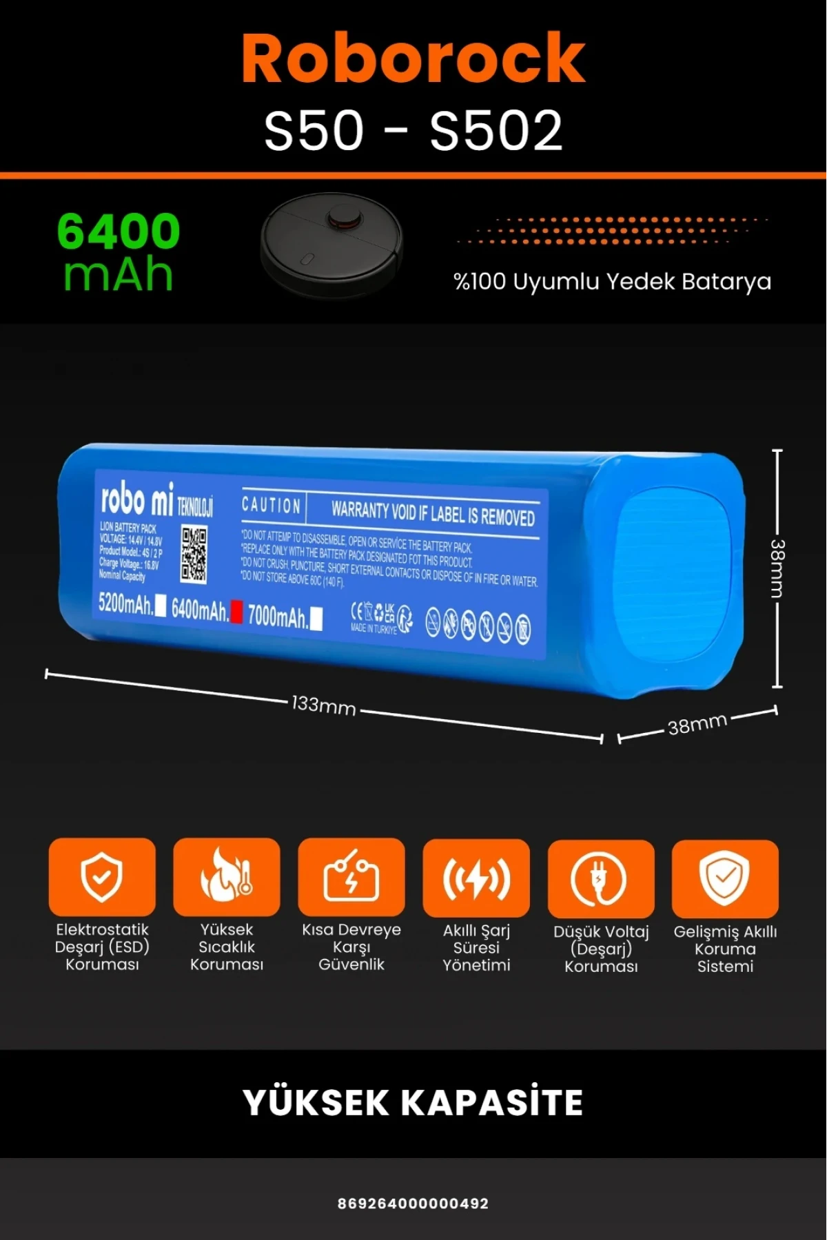 Roborock S50 - S502 Uyumlu Kutusuz Model 6400mAh Robot Süpürge Bataryası - Yüksek Kapasite