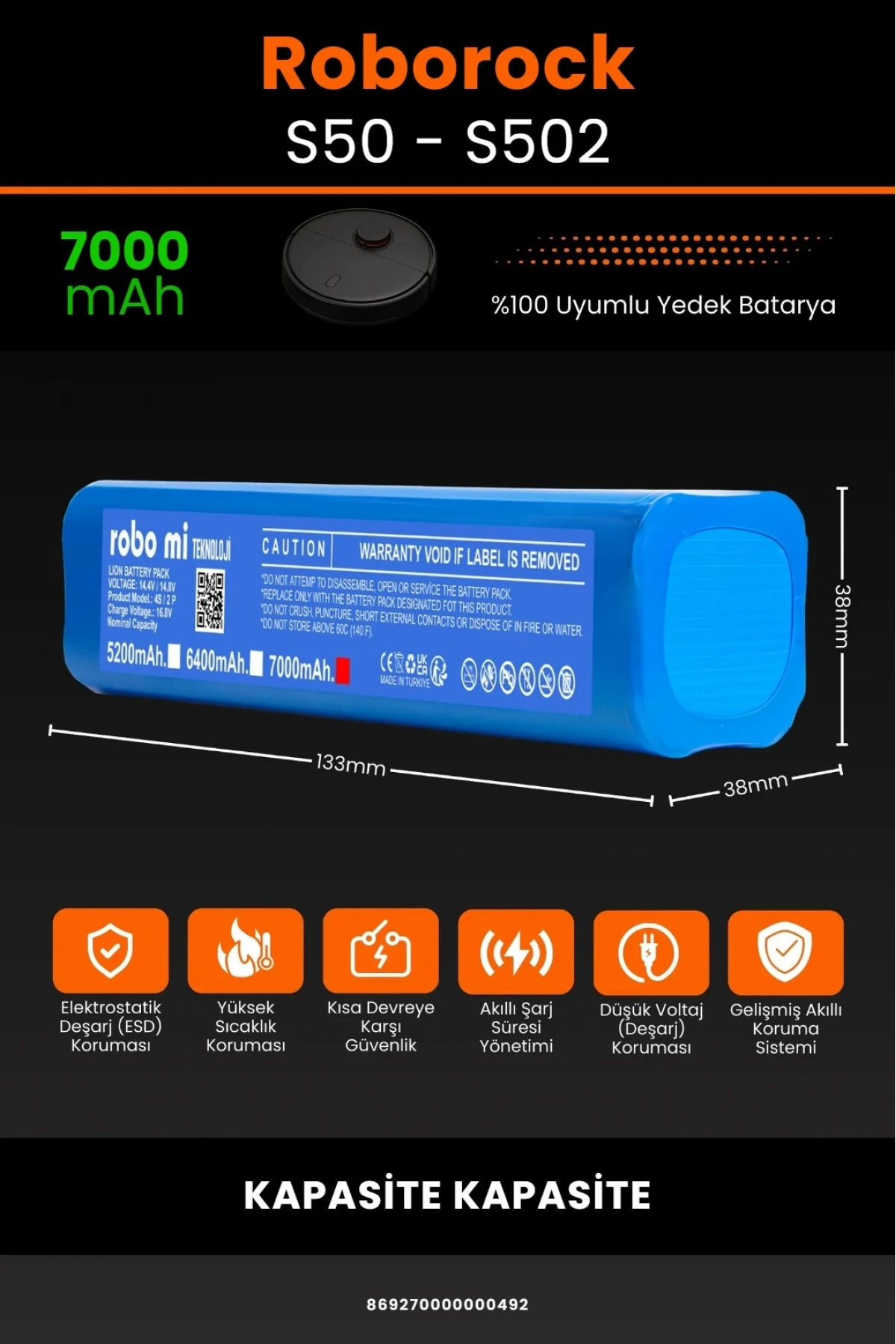 Roborock S50 - S502 Uyumlu Kutusuz Model 7000mAh Robot Süpürge Bataryası - Maksimum Kapasite
