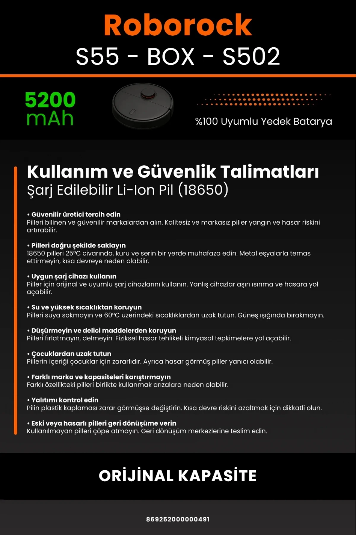 Roborock S55 - S502 Uyumlu Box Model 5200mAh Robot Süpürge Bataryası - Orijinal Kapasite