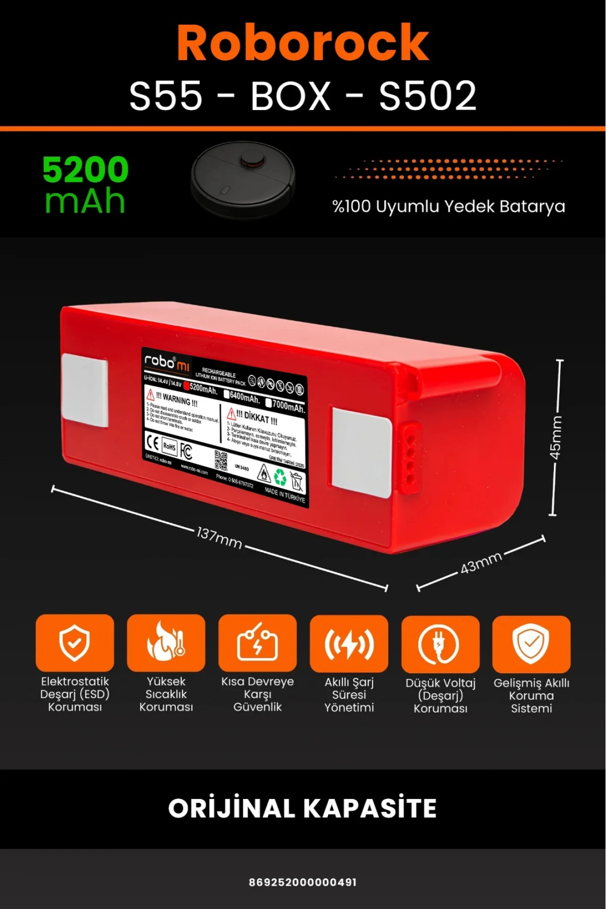 Roborock S55 - S502 Uyumlu Box Model 5200mAh Robot Süpürge Bataryası - Orijinal Kapasite