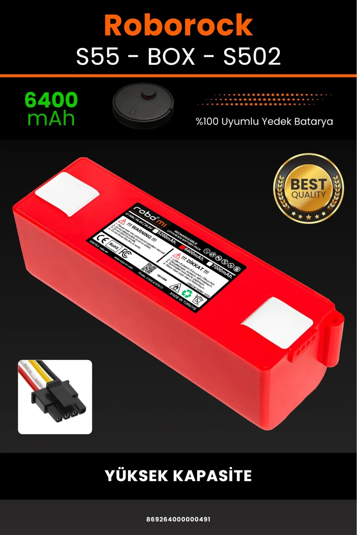 Roborock S55 - S502 Uyumlu Box Model 6400mAh Robot Süpürge Bataryası - Yüksek Kapasite