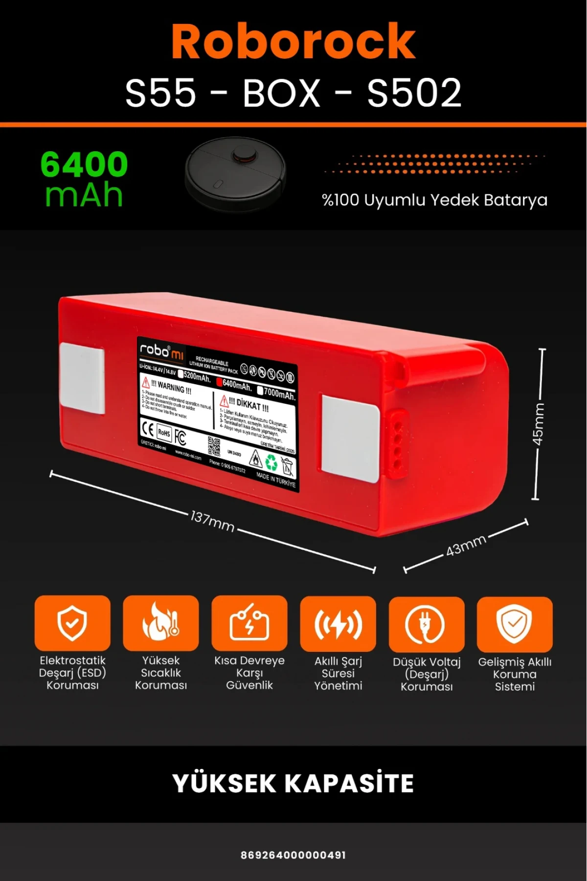 Roborock S55 - S502 Uyumlu Box Model 6400mAh Robot Süpürge Bataryası - Yüksek Kapasite