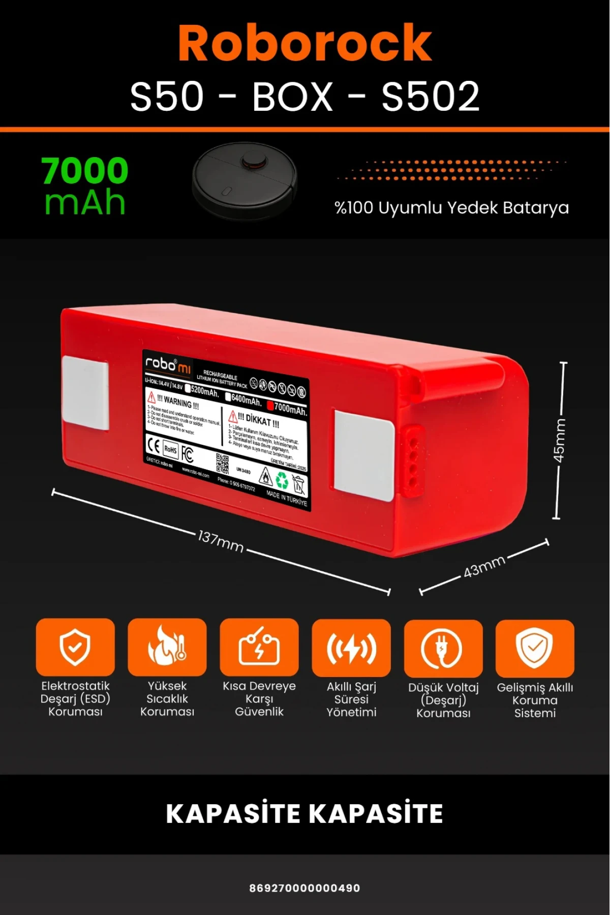 Roborock S55 - S502 Uyumlu Box Model 7000mAh Robot Süpürge Bataryası - Maksimum Kapasite