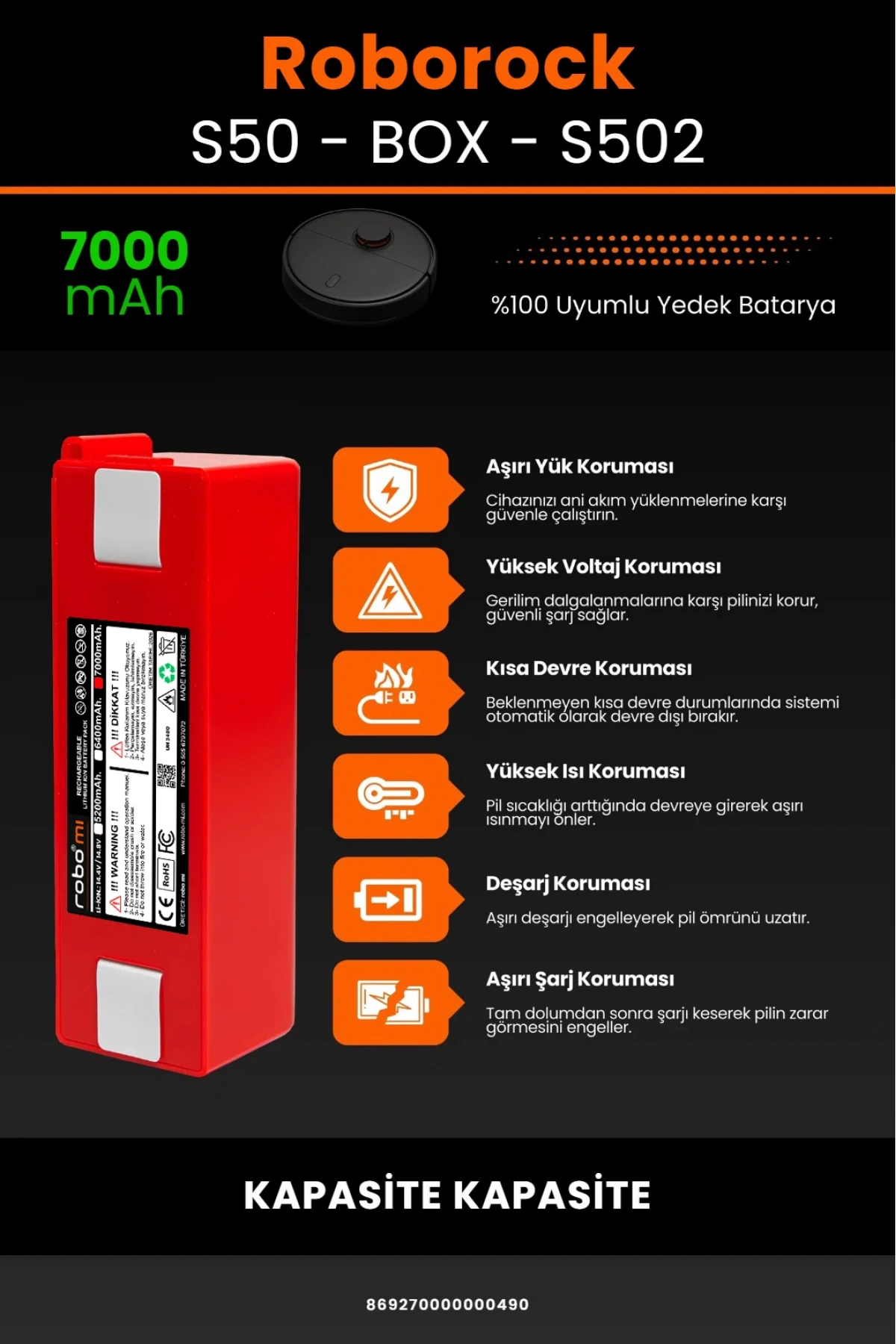 Roborock S55 - S502 Uyumlu Box Model 7000mAh Robot Süpürge Bataryası - Maksimum Kapasite