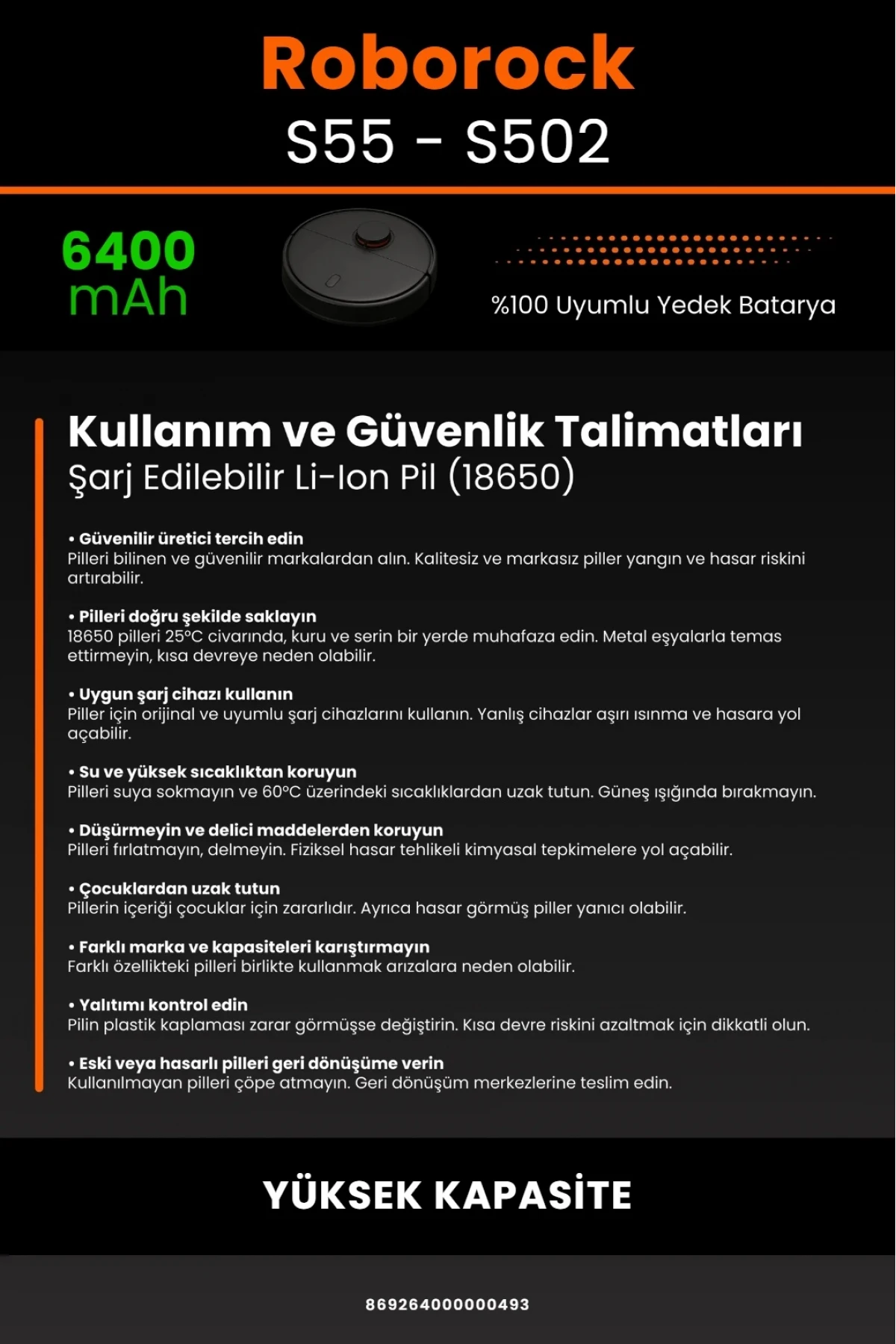 Roborock S55 - S502 Uyumlu Kutusuz Model 6400mAh Robot Süpürge Bataryası - Yüksek Kapasite