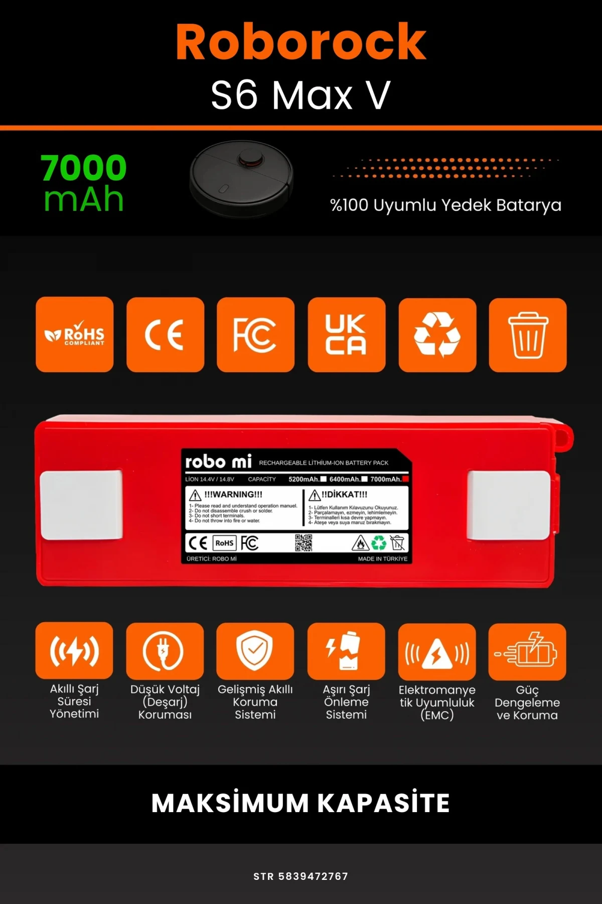 Roborock S6 MaxV 7000mAh Robot Süpürge Bataryası - Gerçek Kapasite, Maksimum Güvenlik