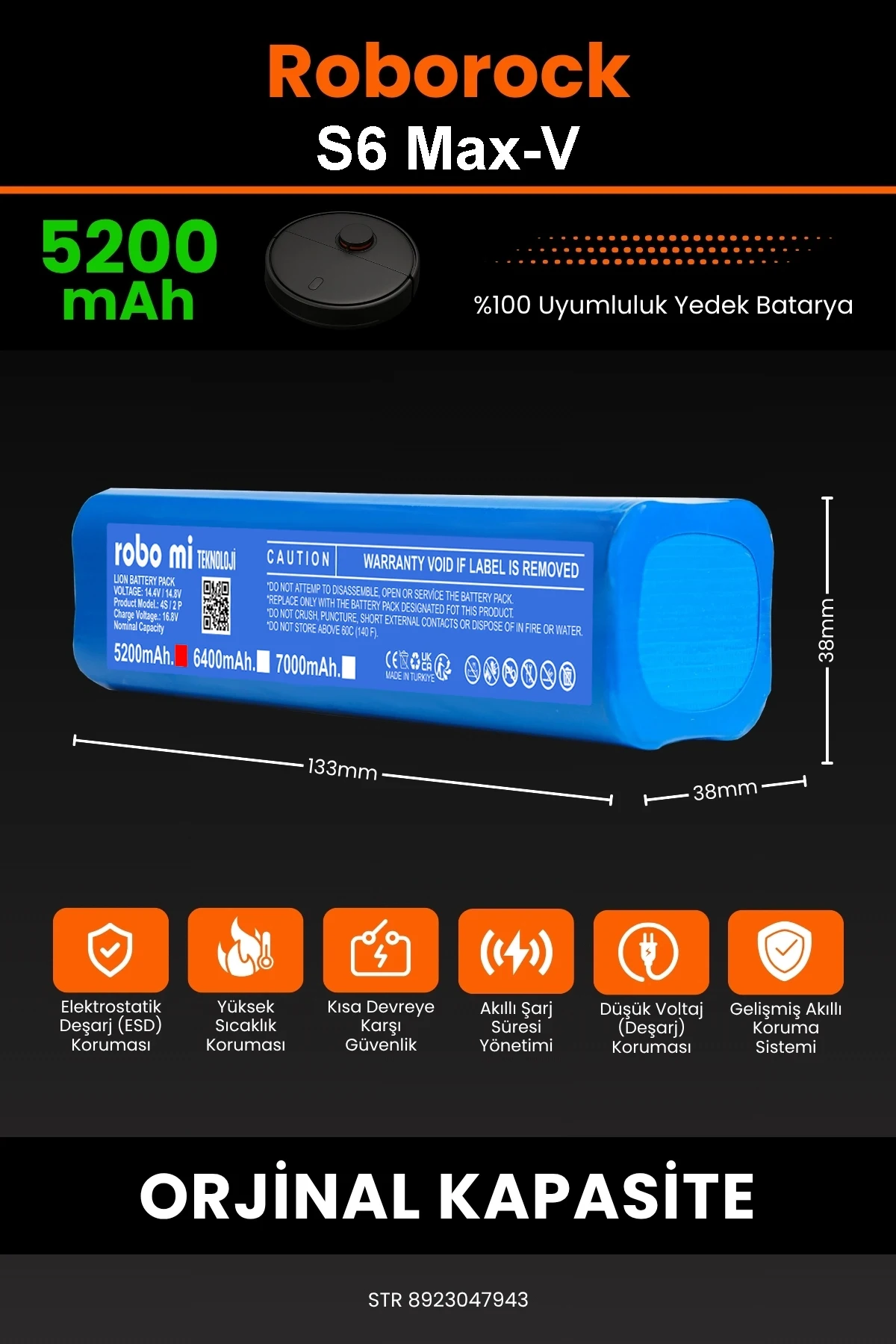 Roborock S6 MaxV Uyumlu 5200mAh Robot Süpürge Bataryası - Yüksek Yoğunluklu Li-ion Hücre