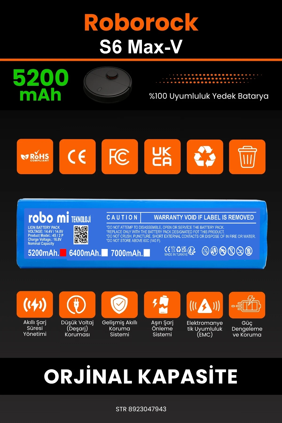 Roborock S6 MaxV Uyumlu 5200mAh Robot Süpürge Bataryası - Yüksek Yoğunluklu Li-ion Hücre