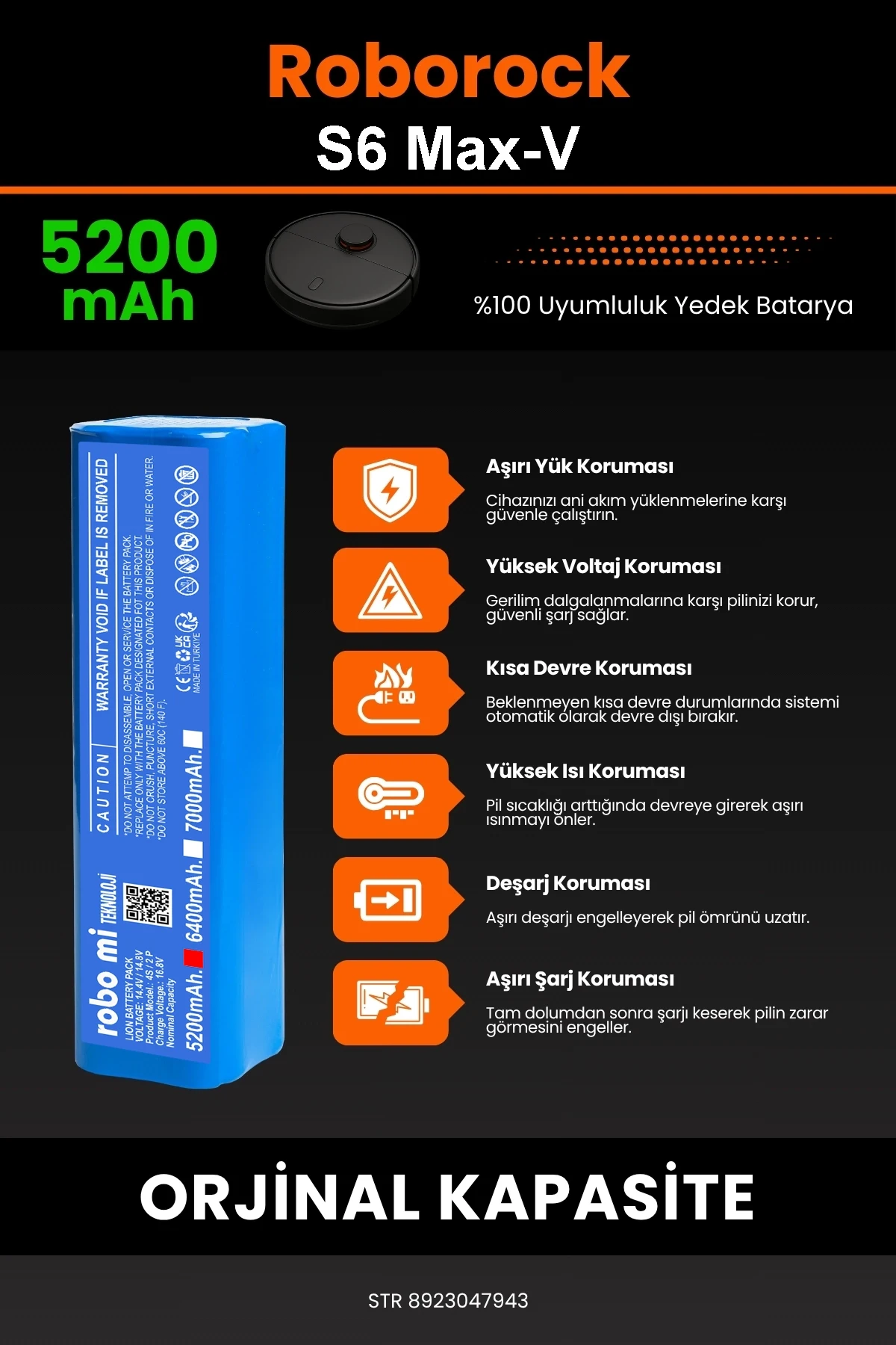 Roborock S6 MaxV Uyumlu 5200mAh Robot Süpürge Bataryası - Yüksek Yoğunluklu Li-ion Hücre