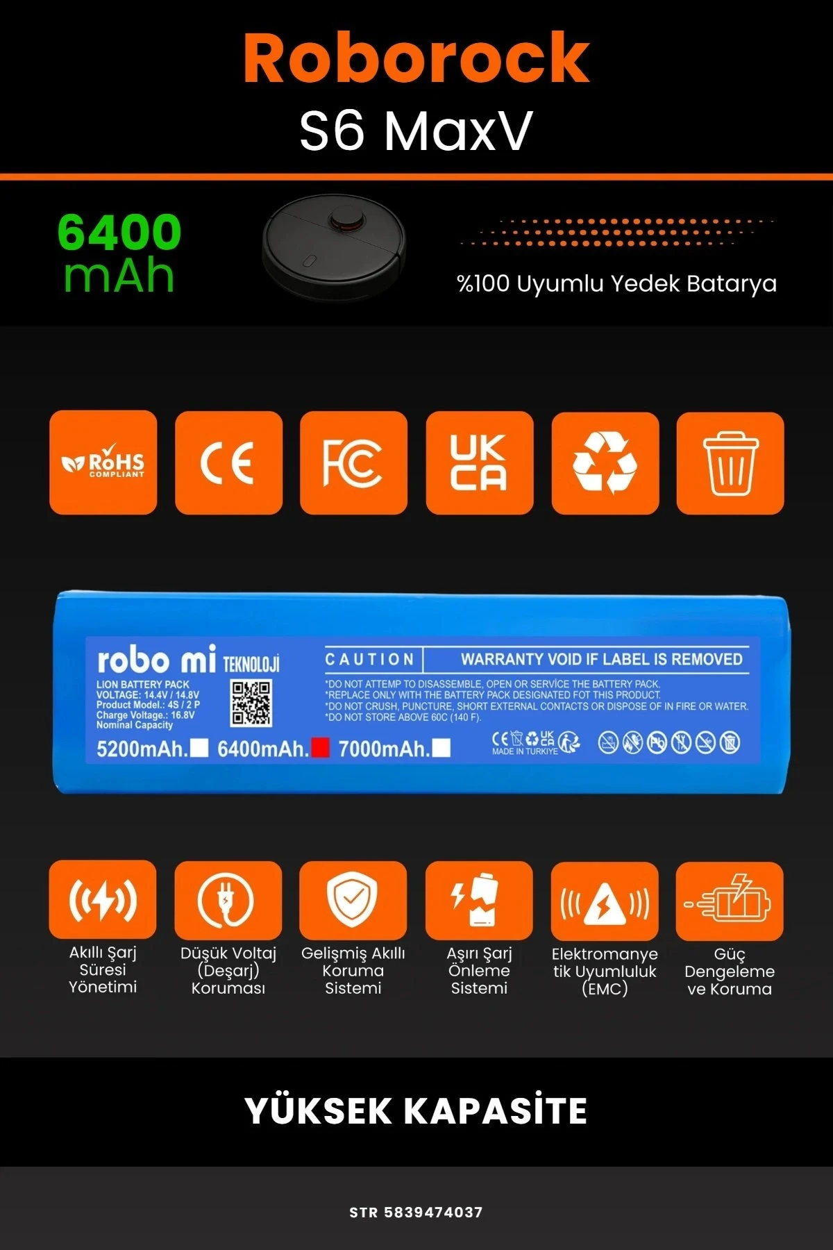Roborock S6 MaxV Uyumlu 6400mAh Robot Süpürge Bataryası - Gerçek Kapasite, Maksimum Güvenlik