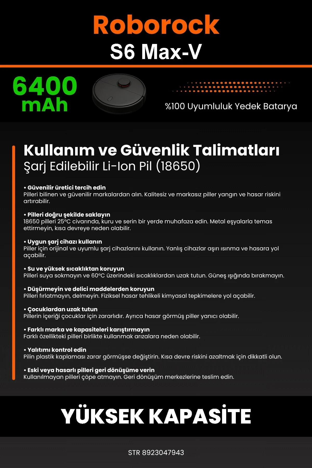 Roborock S6 MaxV Uyumlu 6400mAh Robot Süpürge Bataryası - Yüksek Yoğunluklu Li-ion Hücre