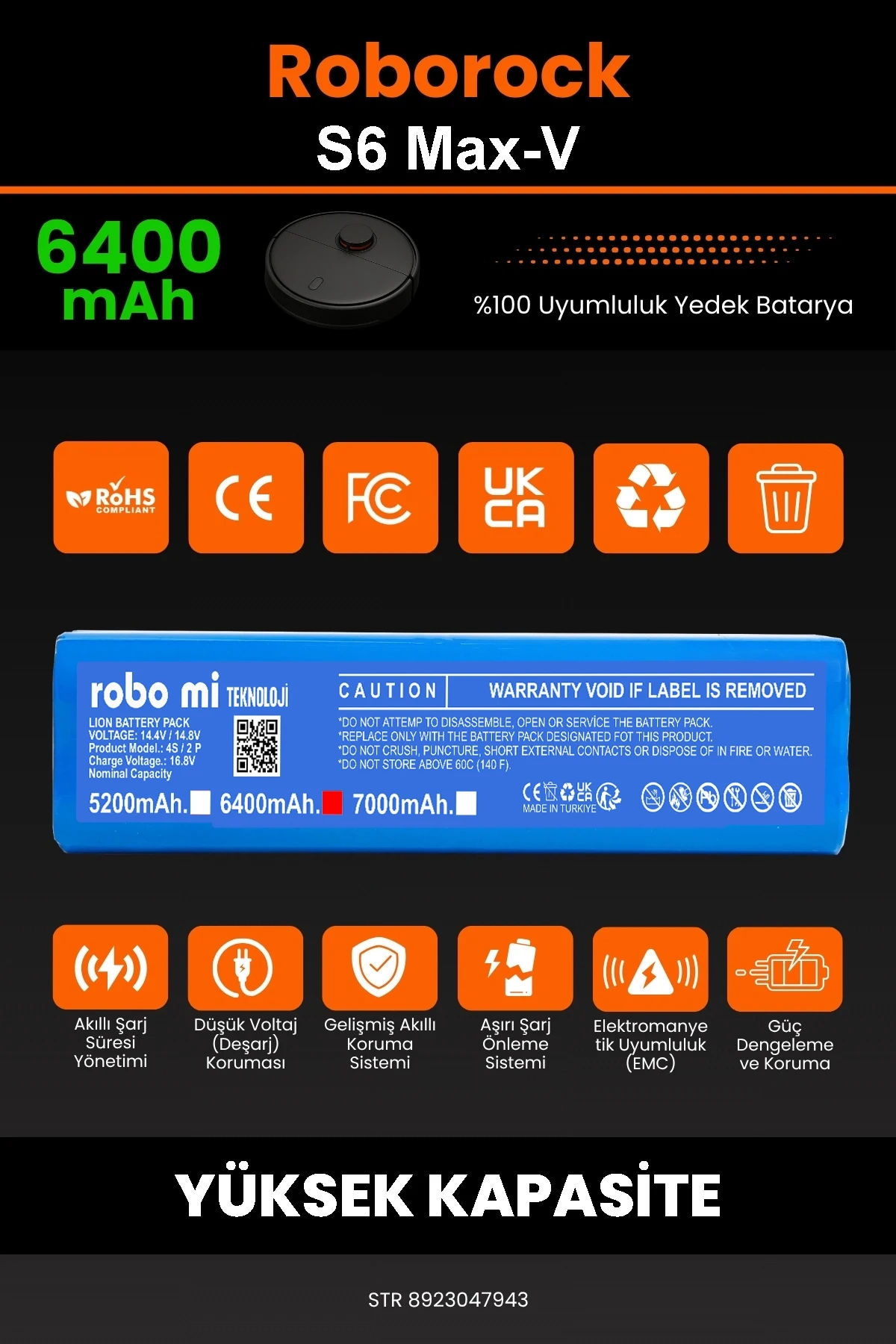 Roborock S6 MaxV Uyumlu 6400mAh Robot Süpürge Bataryası - Yüksek Yoğunluklu Li-ion Hücre