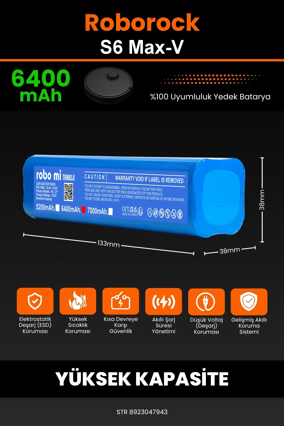 Roborock S6 MaxV Uyumlu 6400mAh Robot Süpürge Bataryası - Yüksek Yoğunluklu Li-ion Hücre