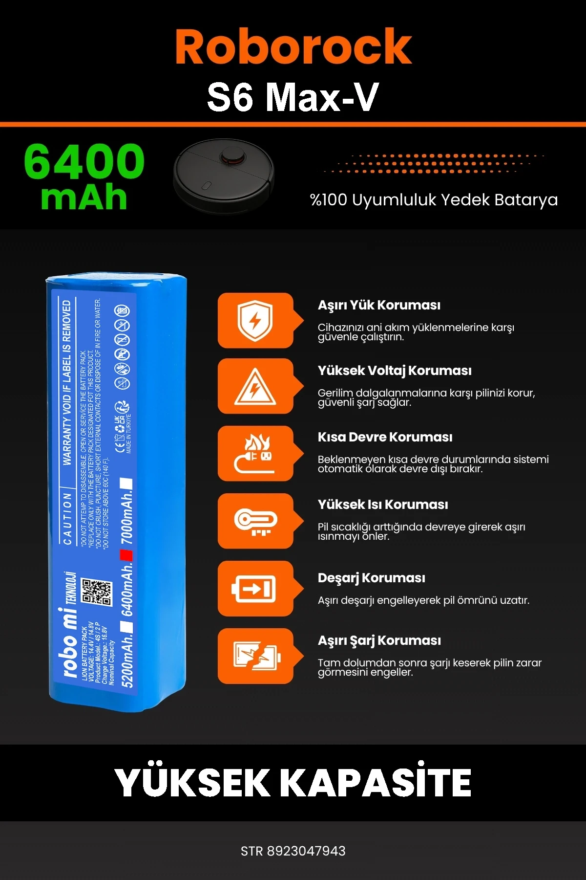 Roborock S6 MaxV Uyumlu 6400mAh Robot Süpürge Bataryası - Yüksek Yoğunluklu Li-ion Hücre