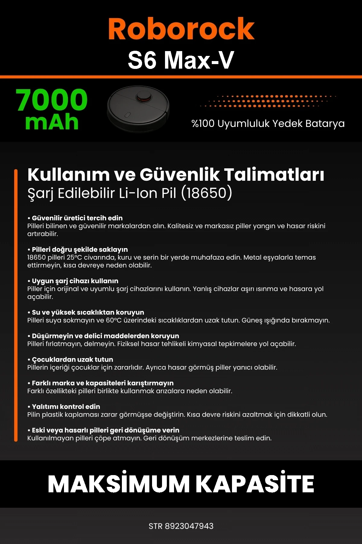 Roborock S6 MaxV Uyumlu 7000mAh Robot Süpürge Bataryası - Yüksek Yoğunluklu Li-ion Hücre