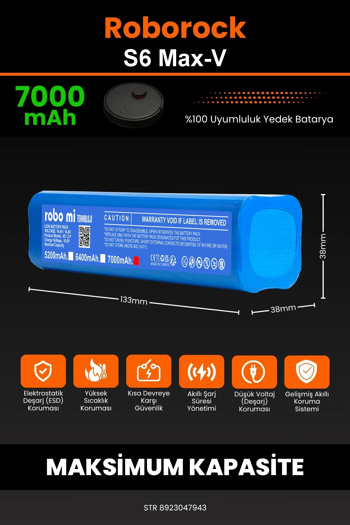 Roborock S6 MaxV Uyumlu 7000mAh Robot Süpürge Bataryası - Yüksek Yoğunluklu Li-ion Hücre
