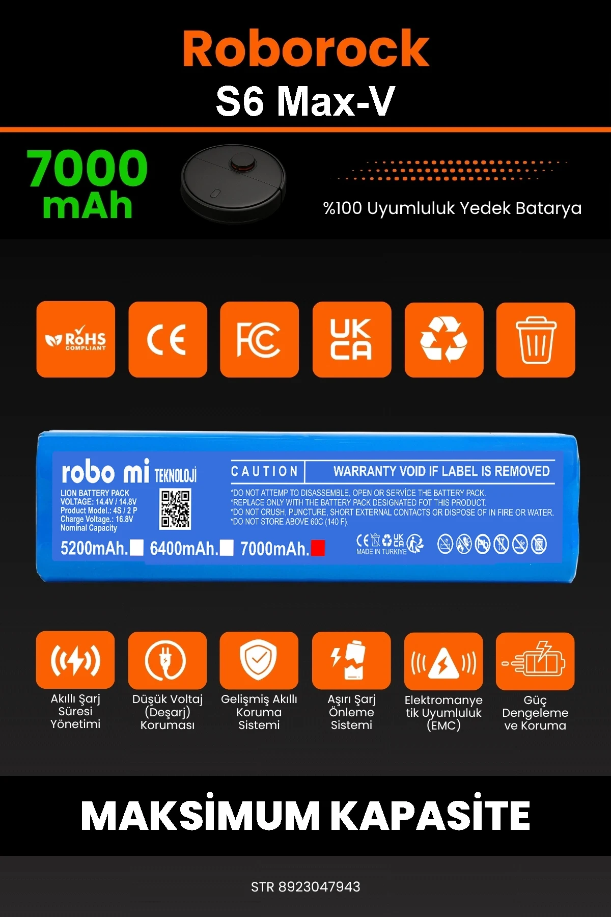 Roborock S6 MaxV Uyumlu 7000mAh Robot Süpürge Bataryası - Yüksek Yoğunluklu Li-ion Hücre