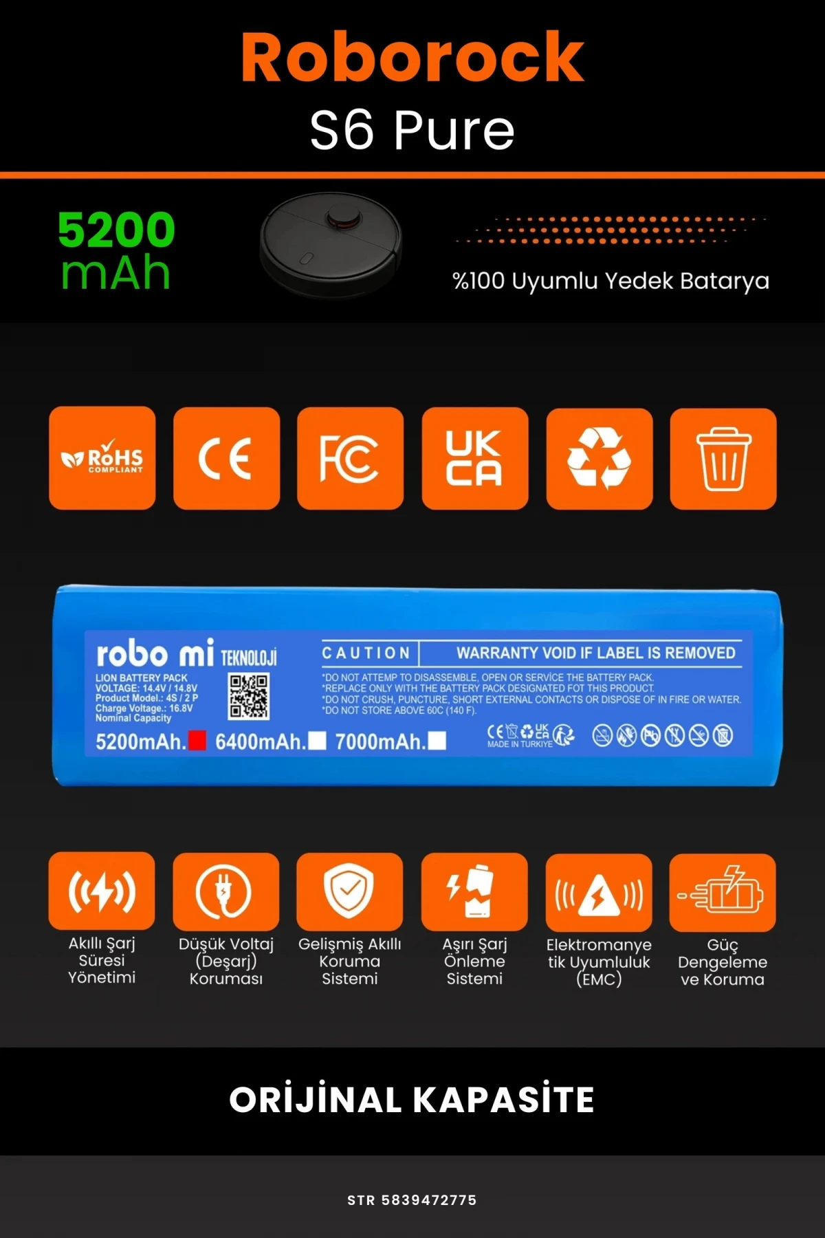 Roborock S6 Pure 5200mAh Robot Süpürge Bataryası - Gerçek Kapasite, Maksimum Güvenlik