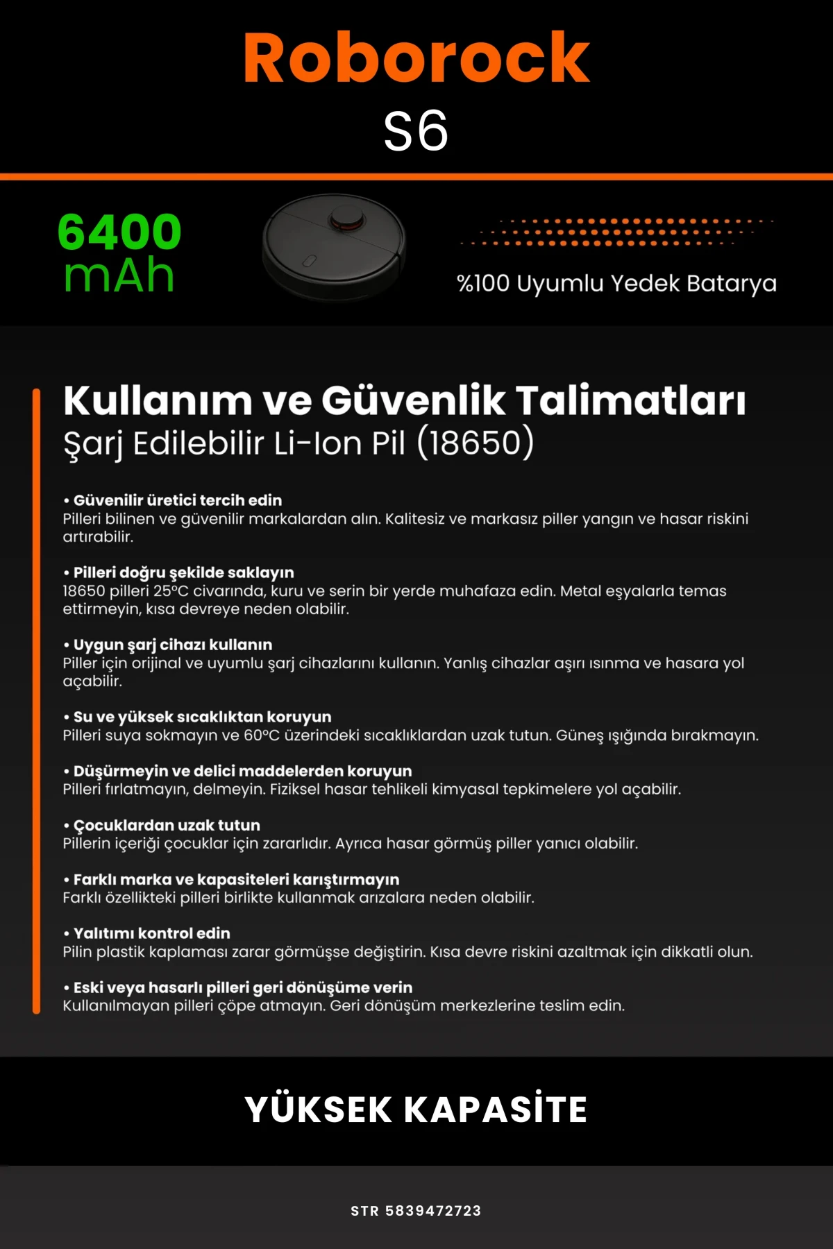 Roborock S6 Uyumlu 5200mAh Robot Süpürge Bataryası - Kutusuz Model - Orijinal Kapasite