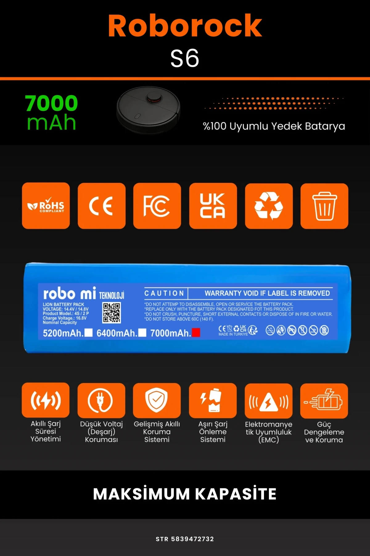 Roborock S6 Uyumlu 6400mAh Robot Süpürge Bataryası - Kutusuz Model - Yüksek Kapasite