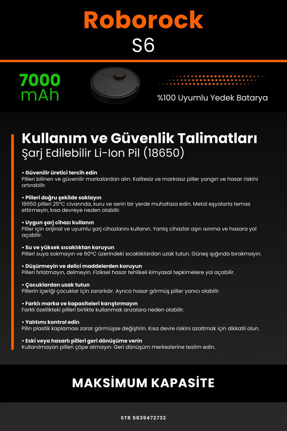 Roborock S6 Uyumlu 6400mAh Robot Süpürge Bataryası - Kutusuz Model - Yüksek Kapasite