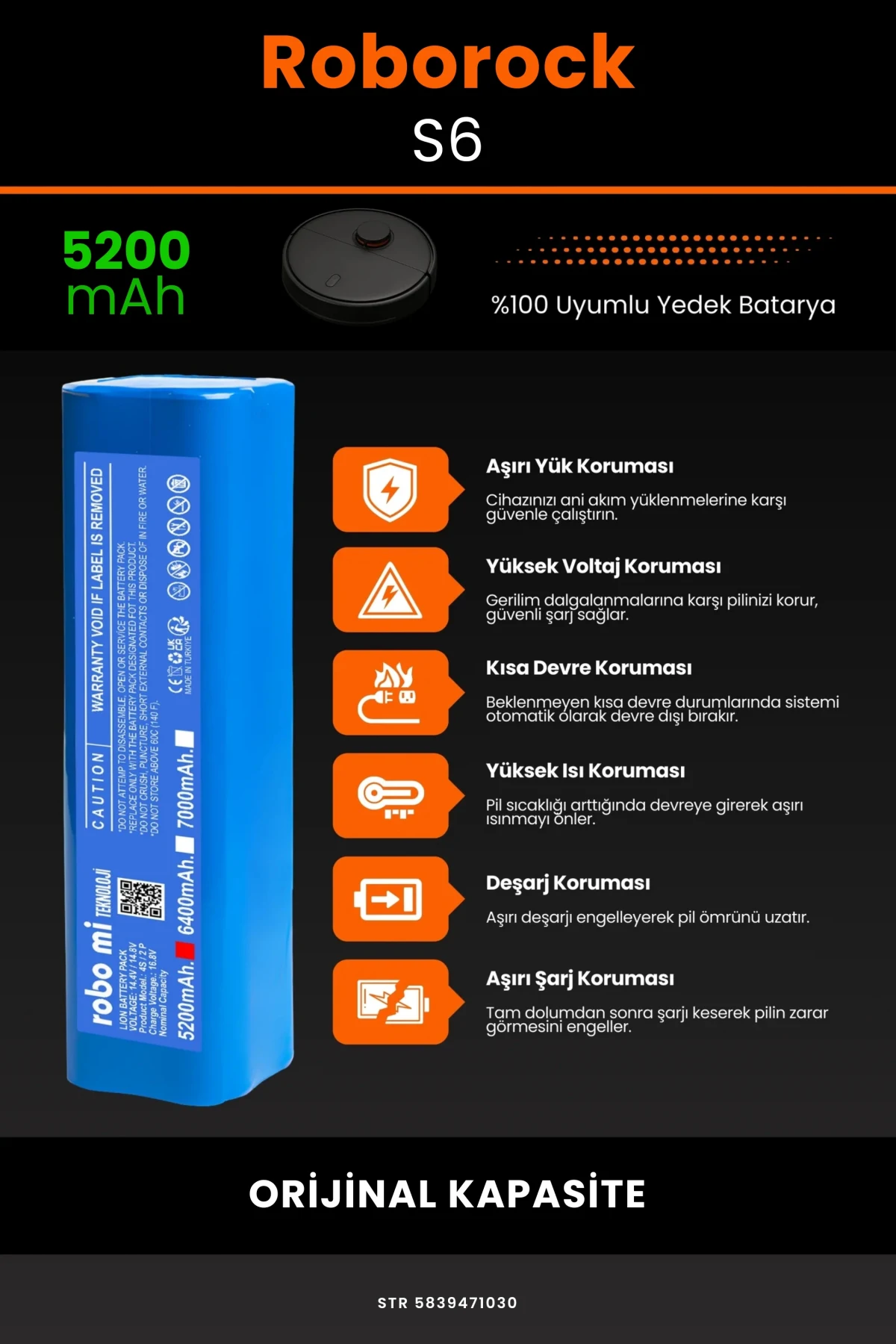 Roborock S6 Uyumlu 7000mAh Robot Süpürge Bataryası - Kutusuz Model - Maksimum Kapasite