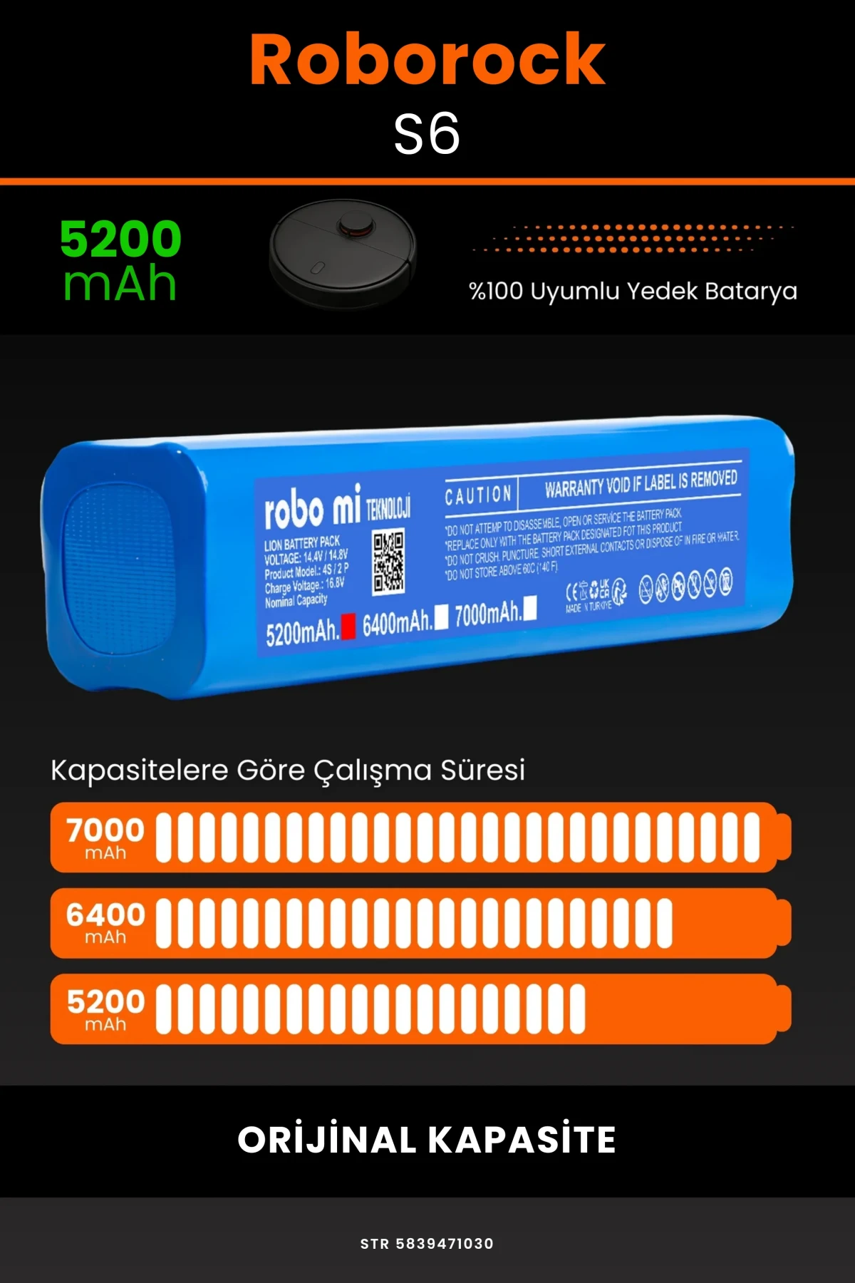 Roborock S6 Uyumlu 7000mAh Robot Süpürge Bataryası - Kutusuz Model - Maksimum Kapasite