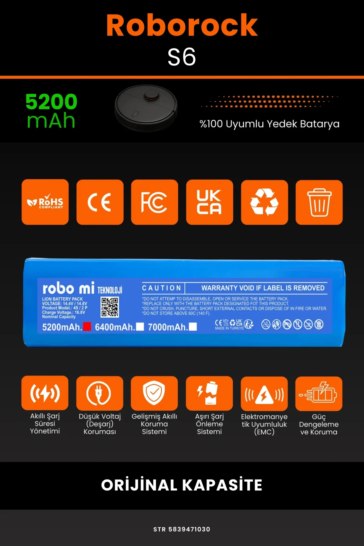 Roborock S6 Uyumlu 7000mAh Robot Süpürge Bataryası - Kutusuz Model - Maksimum Kapasite
