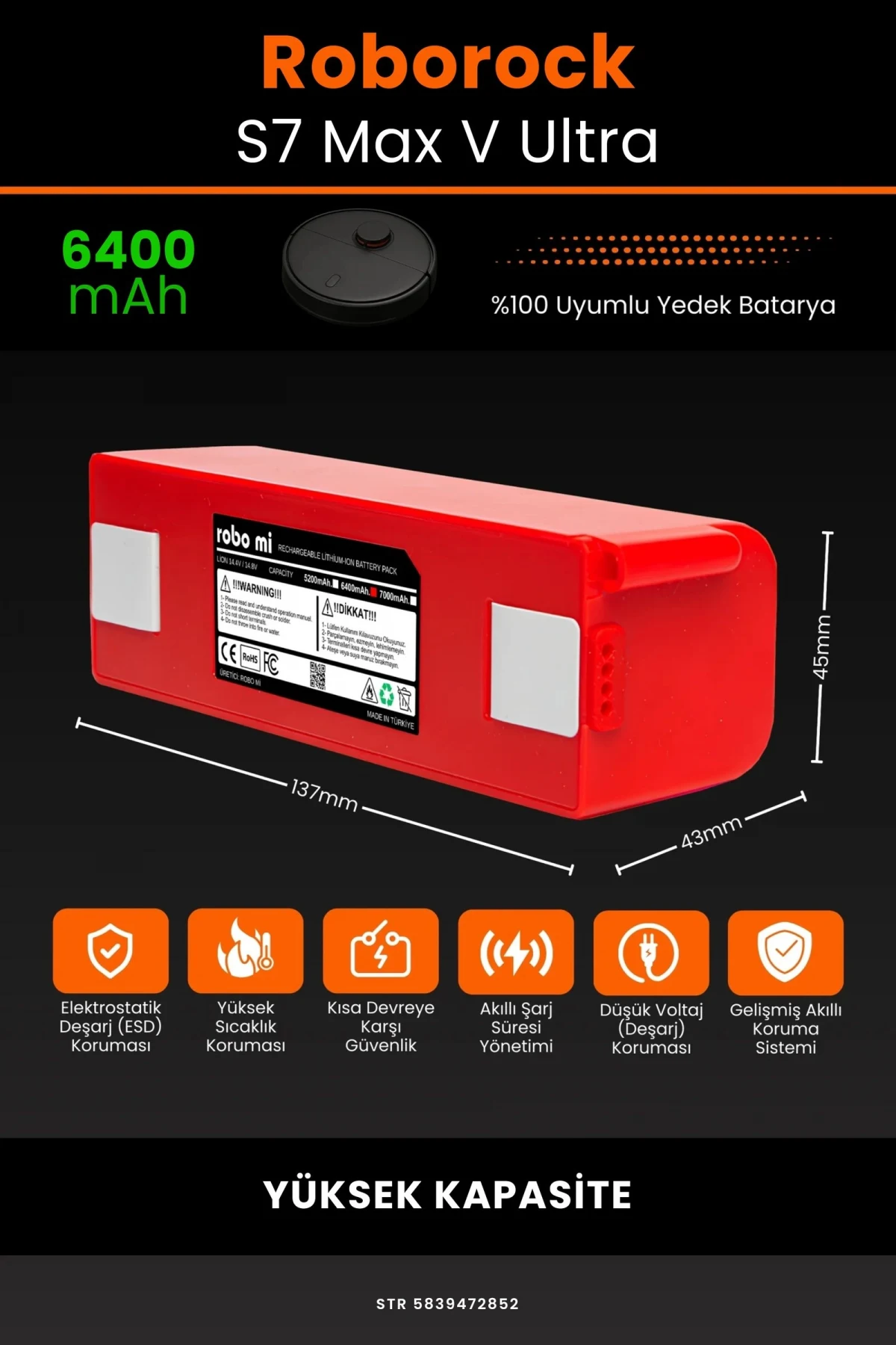 Roborock S7 MaxV Ultra 6400mAh Robot Süpürge Bataryası - Gerçek Kapasite, Maksimum Güvenlik