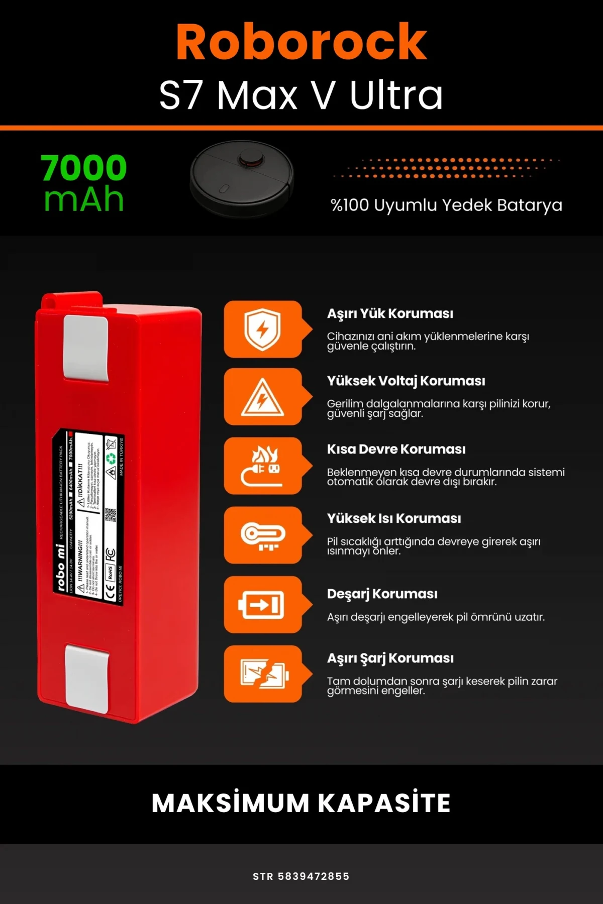 Roborock S7 MaxV Ultra 7000mAh Robot Süpürge Bataryası - Gerçek Kapasite, Maksimum Güvenlik