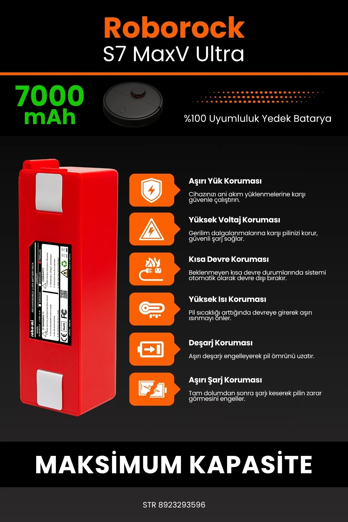 Roborock S7 MaxV Ultra 7000mAh Robot Süpürge Bataryası - Gerçek Kapasite, Maksimum Güvenlik