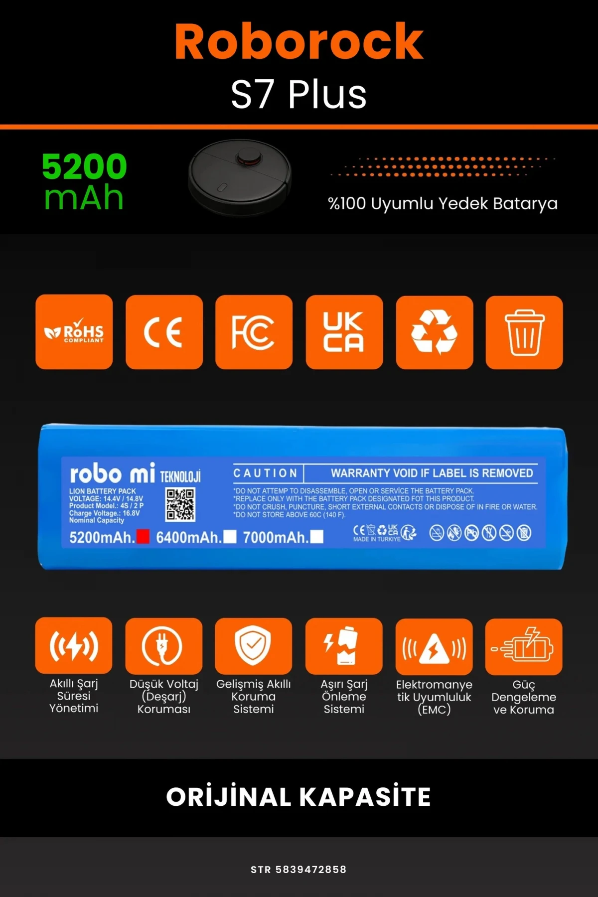 Roborock S7 Plus 5200mAh Robot Süpürge Bataryası - Gerçek Kapasite, Maksimum Güvenlik