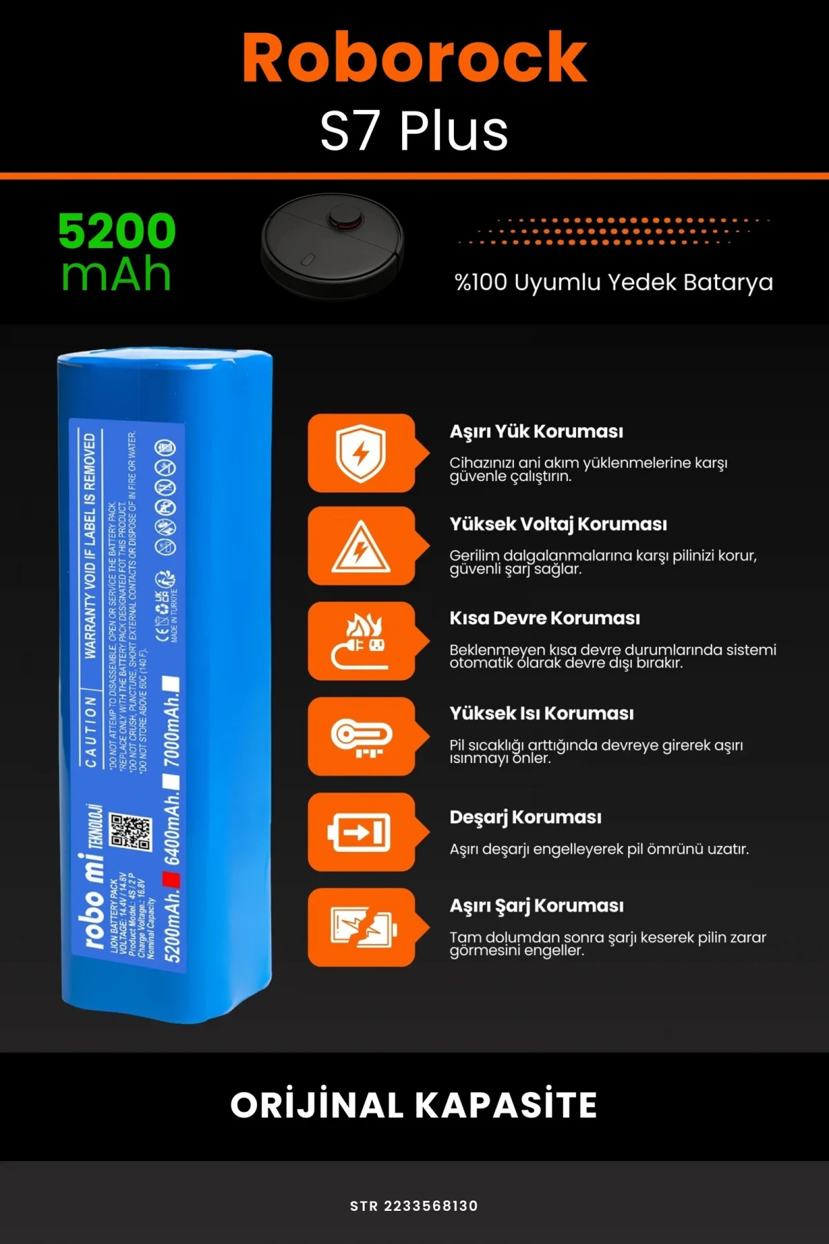 Roborock S7 Plus 5200mAh Robot Süpürge Bataryası - Gerçek Kapasite, Maksimum Güvenlik