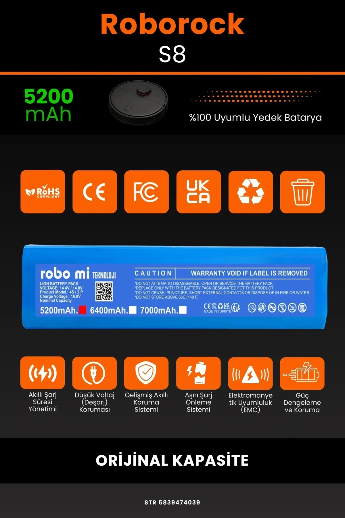 Roborock S8 5200mAh Uyumlu (Kutusuz) Robot Süpürge Bataryası - Gerçek Kapasite, Maksimum Güvenlik