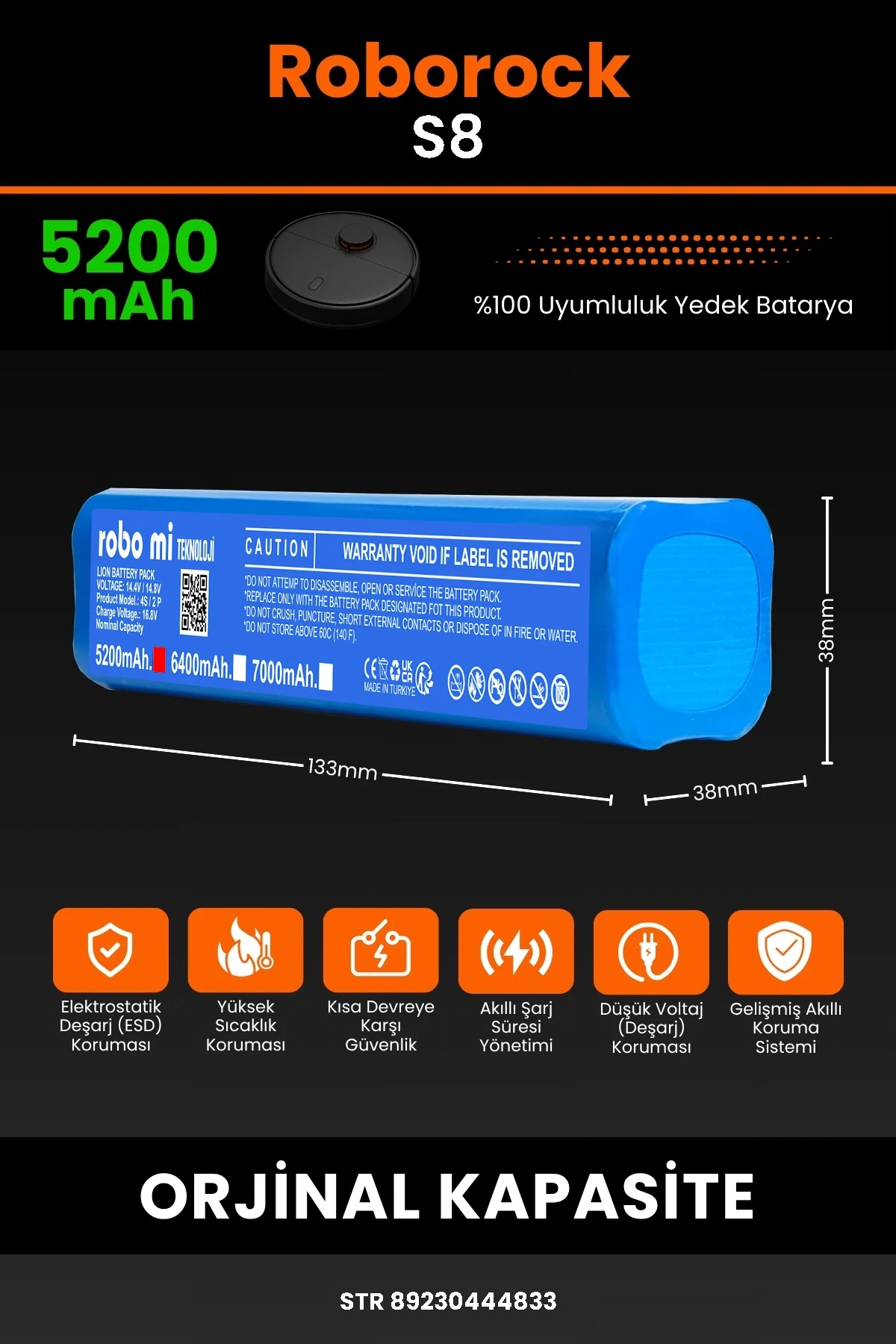 Roborock S8 5200mAh Uyumlu (Kutusuz) Robot Süpürge Bataryası - Gerçek Kapasite, Maksimum Güvenlik