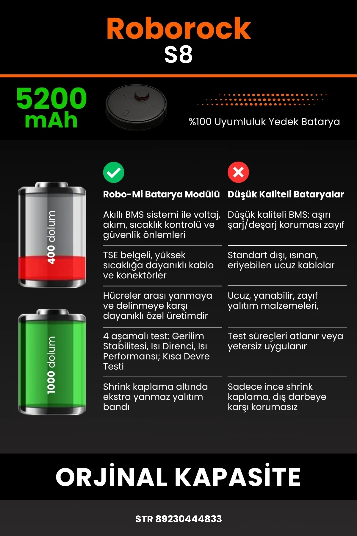 Roborock S8 5200mAh Uyumlu (Kutusuz) Robot Süpürge Bataryası - Gerçek Kapasite, Maksimum Güvenlik