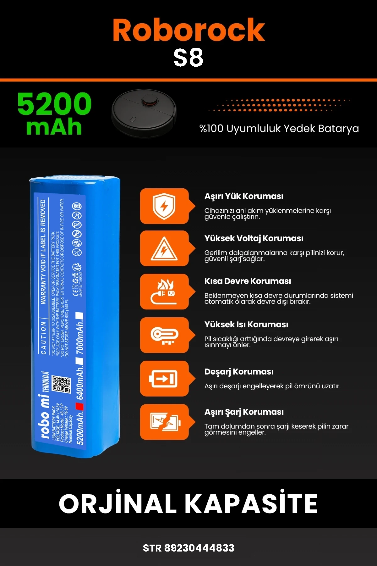 Roborock S8 5200mAh Uyumlu (Kutusuz) Robot Süpürge Bataryası - Gerçek Kapasite, Maksimum Güvenlik
