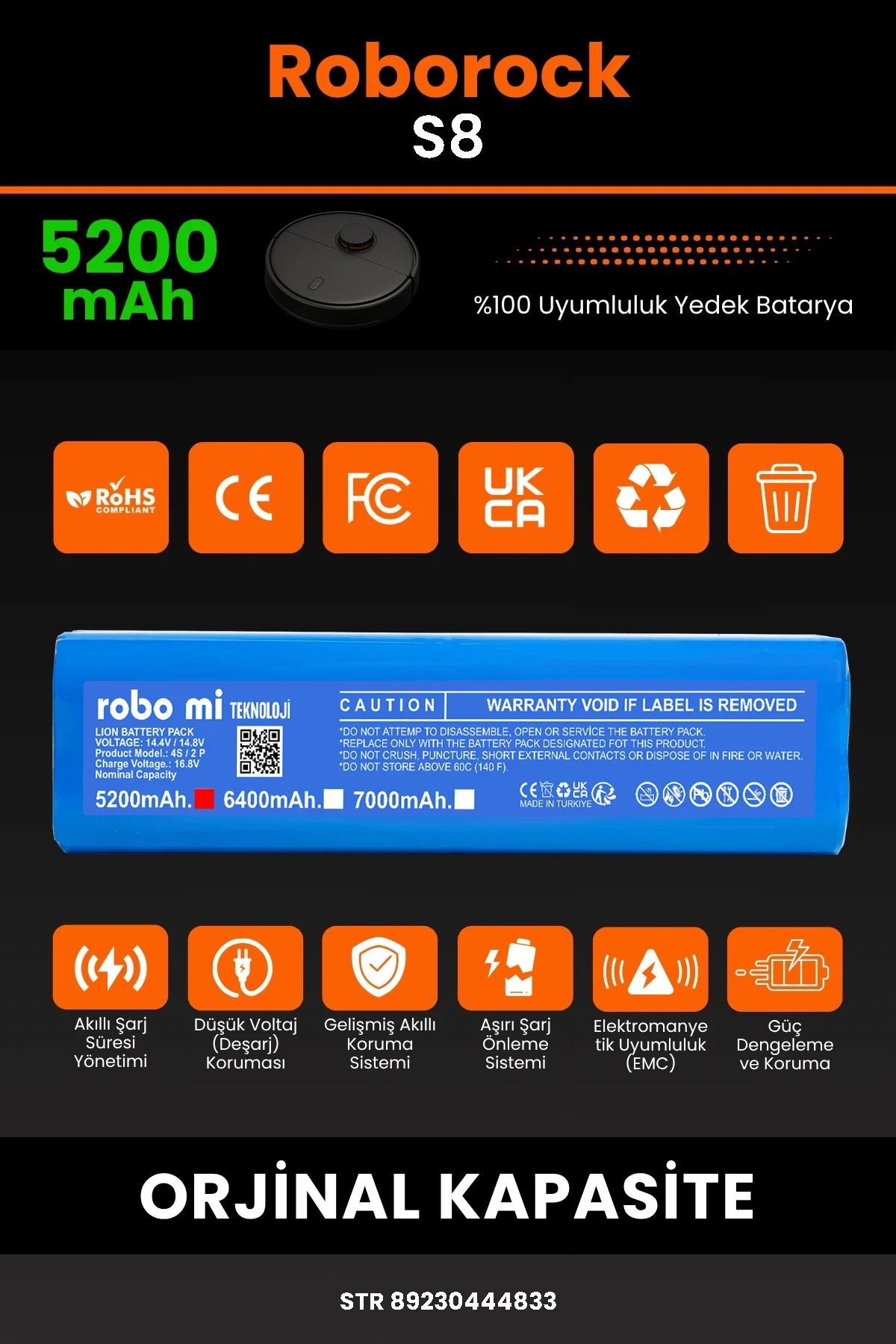 Roborock S8 5200mAh Uyumlu (Kutusuz) Robot Süpürge Bataryası - Gerçek Kapasite, Maksimum Güvenlik
