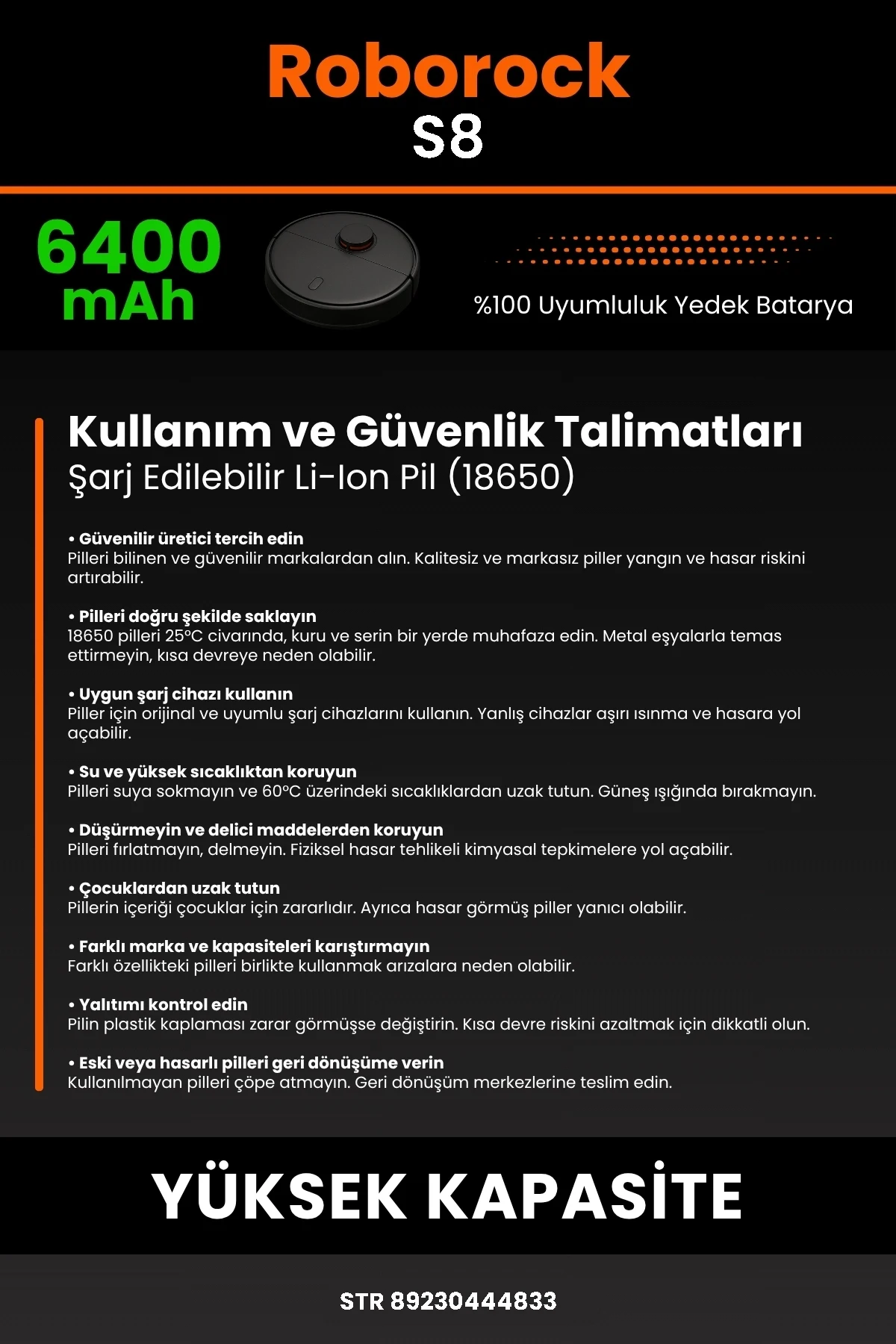 Roborock S8 6400mAh Uyumlu (Kutusuz) Robot Süpürge Bataryası - Gerçek Kapasite, Maksimum Güvenlik