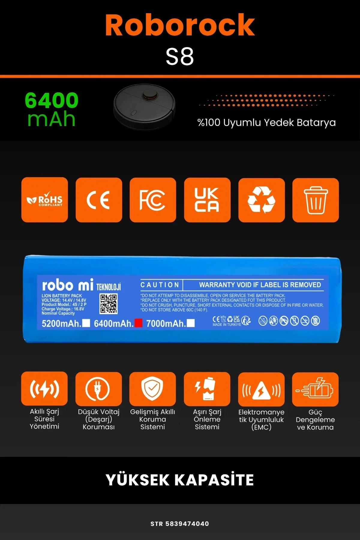 Roborock S8 6400mAh Uyumlu (Kutusuz) Robot Süpürge Bataryası - Gerçek Kapasite, Maksimum Güvenlik